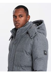 Ombre Clothing - Ciepła długa kurtka męska typu parka z wełną – szary melanż V1 - Rozmiar: M. Kolor: szary. Materiał: wełna. Długość: długie. Wzór: melanż #4