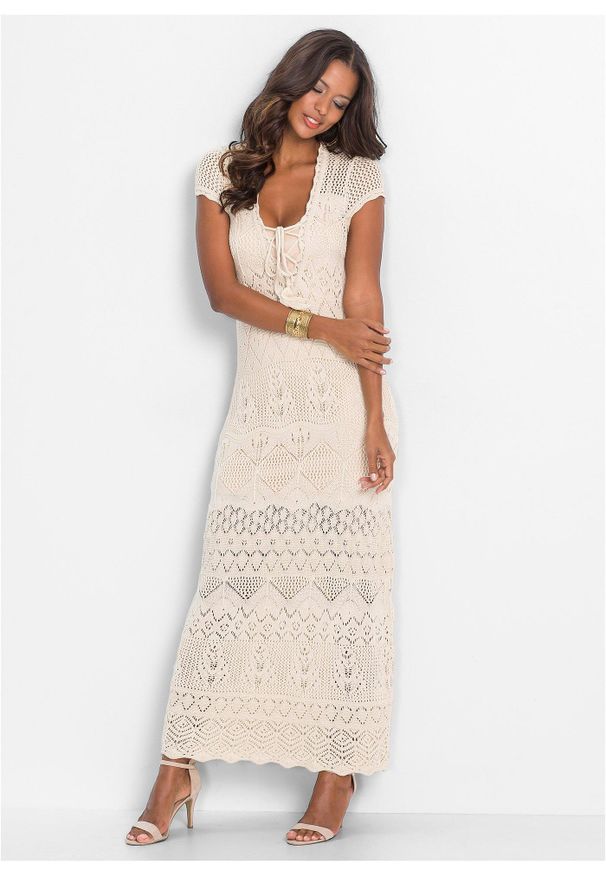 bonprix - Sukienka z ażurowej dzianiny. Kolor: beżowy. Materiał: dzianina. Wzór: ażurowy. Sezon: lato