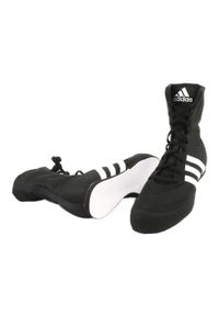 Adidas - Buty bokserskie adidas Box Hog 2 FX0561 czarne. Wysokość cholewki: przed kostkę. Zapięcie: pasek. Kolor: czarny. Materiał: tkanina, syntetyk, zamsz, materiał. Szerokość cholewki: normalna. Wzór: paski #4