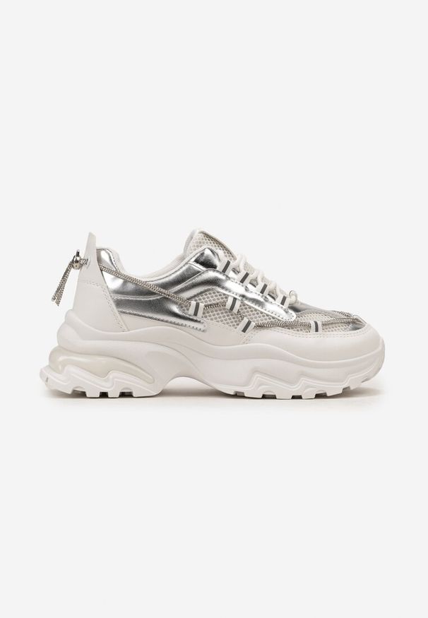 Renee - Biało-Srebrne Sneakersy z Metalicznymi Wstawkami na Niskiej Platformie z Ozdobnym Sznurkiem Oiriema. Zapięcie: pasek. Kolor: biały. Obcas: na platformie