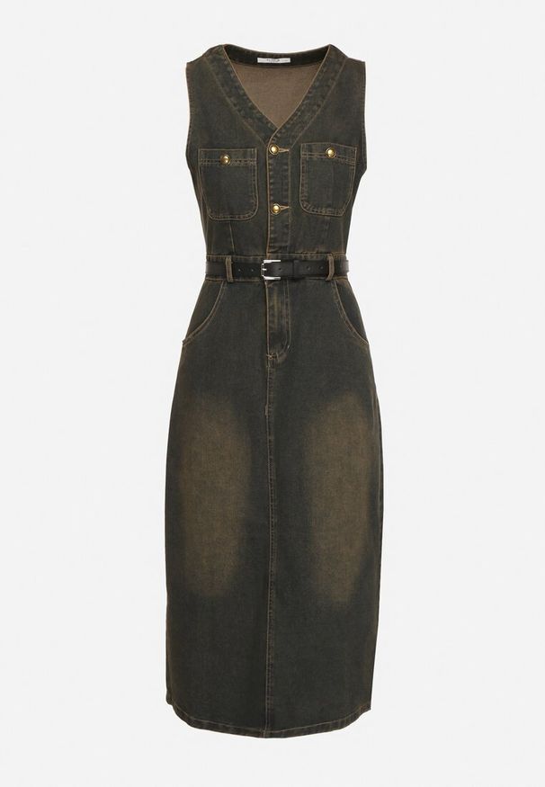 Born2be - Granatowa Sukienka Jeansowa z Rozcięciem Zapinana na Suwak z Paskiem z Ekoskóry Ricicella. Kolor: niebieski. Materiał: jeans