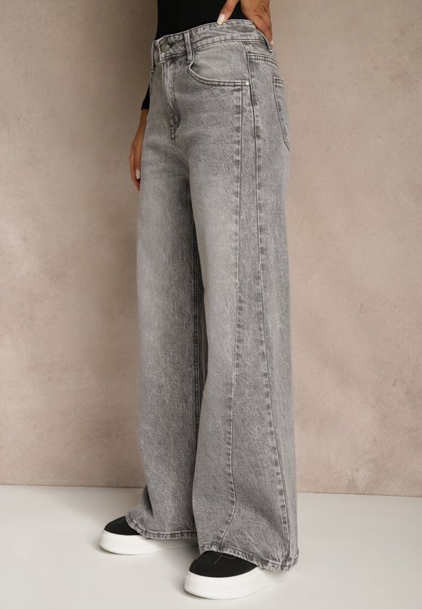 Renee - Szare Szerokie Jeansy z Bawełny High Waist Ozdobione Przetarciami Orryna. Okazja: na co dzień. Stan: podwyższony. Kolor: szary. Wzór: aplikacja. Styl: casual