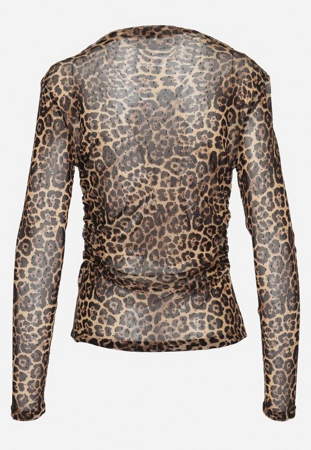 Born2be - Ciemnobeżowa Transparentna Bluzka w Panterkę z Cyrkoniami i Marszczeniami Labirea. Okazja: na co dzień. Kolor: beżowy. Materiał: jeans. Długość rękawa: długi rękaw. Długość: długie. Wzór: motyw zwierzęcy. Styl: casual, elegancki