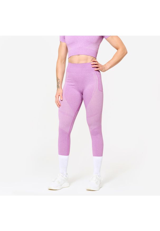 DOMYOS - Legginsy fitness damskie Domyos. Stan: podwyższony. Kolor: różowy. Materiał: materiał, poliamid, elastan. Sport: fitness