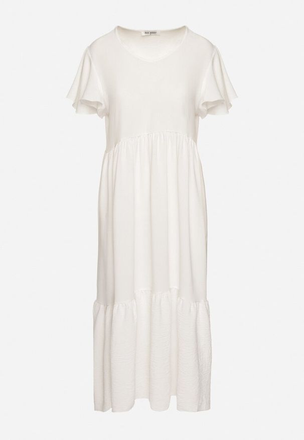 Born2be - Biała Sukienka o Rozkloszowanym Kroju z Wiskozą Filastia. Okazja: na co dzień. Typ kołnierza: dekolt w kształcie V. Kolor: biały. Materiał: wiskoza. Długość rękawa: krótki rękaw. Typ sukienki: rozkloszowane. Styl: klasyczny, casual, elegancki