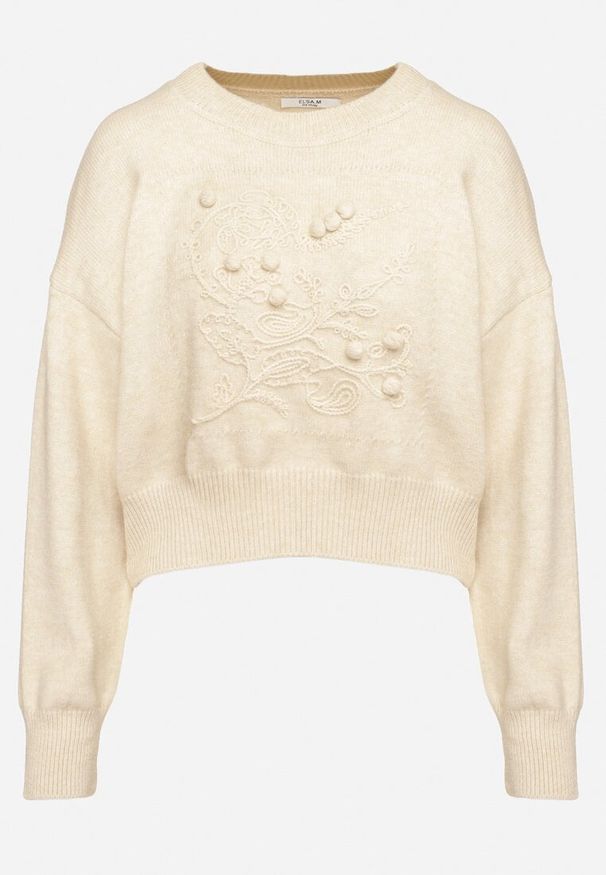 Born2be - Beżowy Sweter z Wiskozy Ozdobione Tłoczeniem Harini. Okazja: do pracy. Kolor: beżowy. Materiał: wiskoza. Wzór: aplikacja