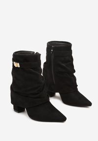 Born2be - Czarne Marszczone Botki na Obcasie z Wywiniętą Cholewką Latirelle. Okazja: na co dzień. Kolor: czarny. Materiał: jeans. Szerokość cholewki: normalna. Obcas: na obcasie. Styl: casual, elegancki. Wysokość obcasa: średni #5