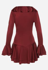 Born2be - Bordowa Taliowana Sukienka Zdobiona Falbankami Tiraneda. Okazja: na imprezę. Typ kołnierza: kołnierz z falbankami. Kolor: czerwony. Wzór: aplikacja. Typ sukienki: proste. Styl: elegancki #3