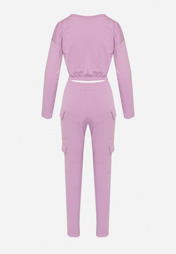 Born2be - Fioletowy Komplet Dresowy z Krótką Bluzą i Spodniami Bojówkami Dilenna. Kolor: fioletowy. Materiał: dresówka