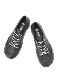 Półbuty damskie Rieker, cholewka ze skóry naturalnej o ziarnistej fakturze z kontrastowym sznurowaniem i bocznym zamkiem, niebieskie, 55901-14. Okazja: na co dzień. Zapięcie: zamek. Kolor: niebieski. Materiał: skóra. Szerokość cholewki: normalna. Styl: casual, klasyczny, sportowy #6