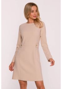 Stylove - Elegancka sukienka trapezowa z patkami w talii beżowa. Okazja: na spotkanie biznesowe, do pracy. Kolor: niebieski, beżowy. Typ sukienki: trapezowe. Styl: elegancki #4