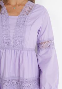 Born2be - Fioletowa Sukienka Mini z Koronkowymi Wstawkami i Rozkloszowanym Dołem Femona. Okazja: na co dzień. Kolor: fioletowy. Materiał: koronka. Typ sukienki: proste. Styl: casual. Długość: mini #4