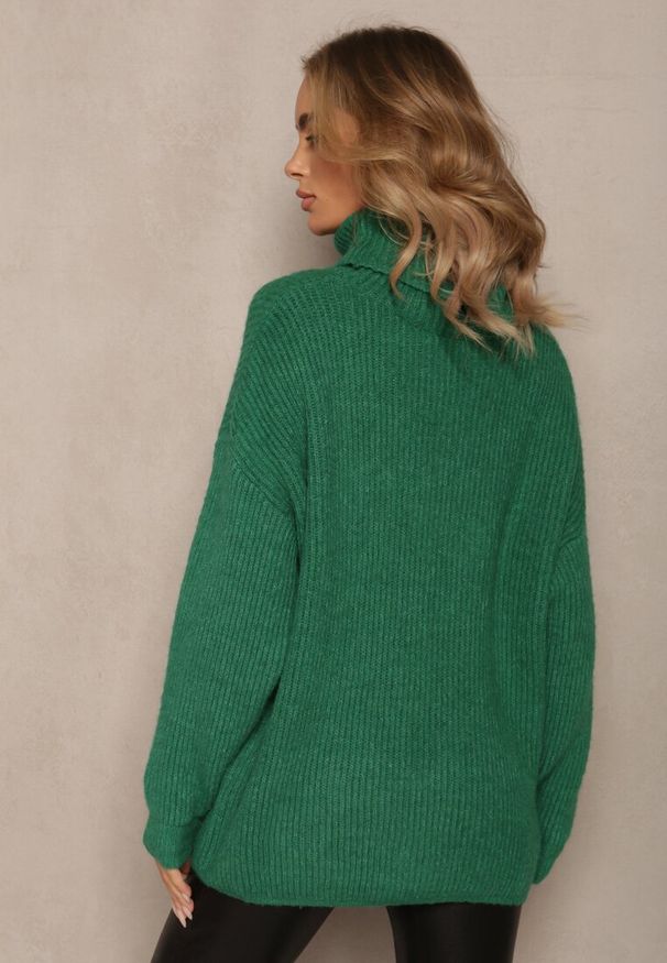 Renee - Zielony Golf Oversize Malia. Okazja: na co dzień. Typ kołnierza: golf. Kolor: zielony. Materiał: wiskoza, dzianina, skóra, jeans. Długość rękawa: długi rękaw. Długość: długie. Wzór: ze splotem, prążki. Styl: klasyczny, casual