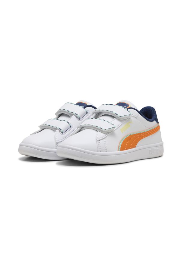 Puma - Dziecięce sneakersy Smash 3.0 Playdate PUMA White Orange Glo. Kolor: pomarańczowy, biały, wielokolorowy, żółty. Sport: turystyka piesza