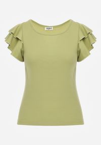 Renee - Zielona Gładka Bluzka z Bawełny z Rękawkami z Falbanek Nedaxera. Okazja: na co dzień, na randkę, na imprezę. Typ kołnierza: kołnierz z falbankami. Kolor: zielony. Materiał: bawełna. Długość rękawa: krótki rękaw. Wzór: gładki. Styl: casual #7