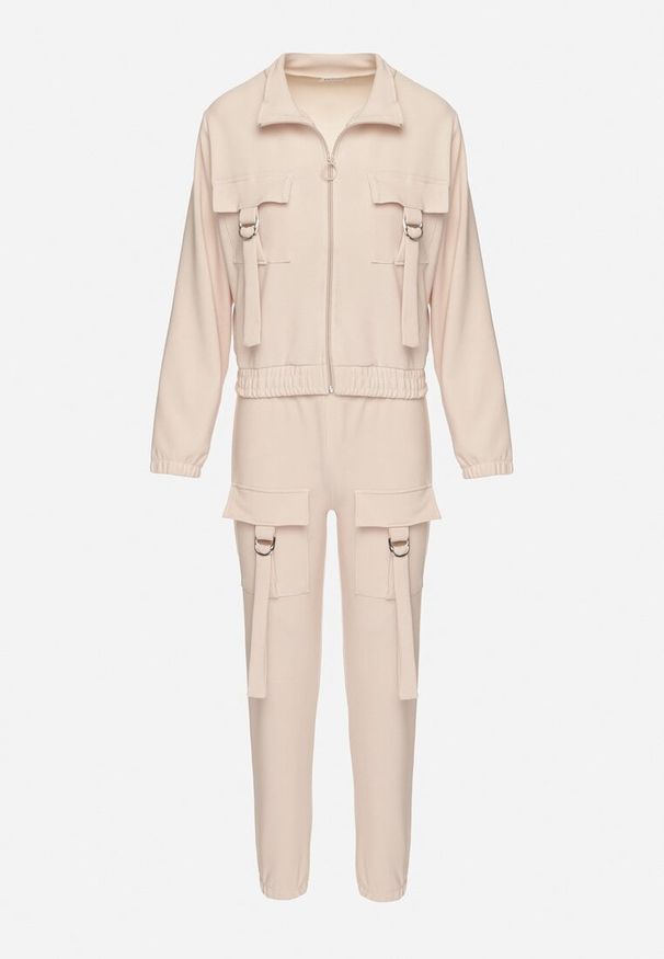 Born2be - Jasnobeżowy Komplet Dresowy Bluza Rozpinana i Spodnie Slim w Stylu Utility Telavienna. Kolor: beżowy. Materiał: dresówka