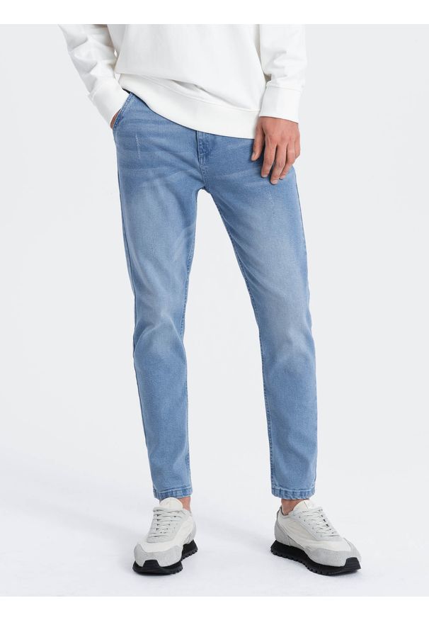 Ombre Clothing - Spodnie męskie jeansowe SKINNY FIT z kieszeniami chino - jasnoniebieskie V2 - Rozmiar: L. Kolor: niebieski. Materiał: jeans