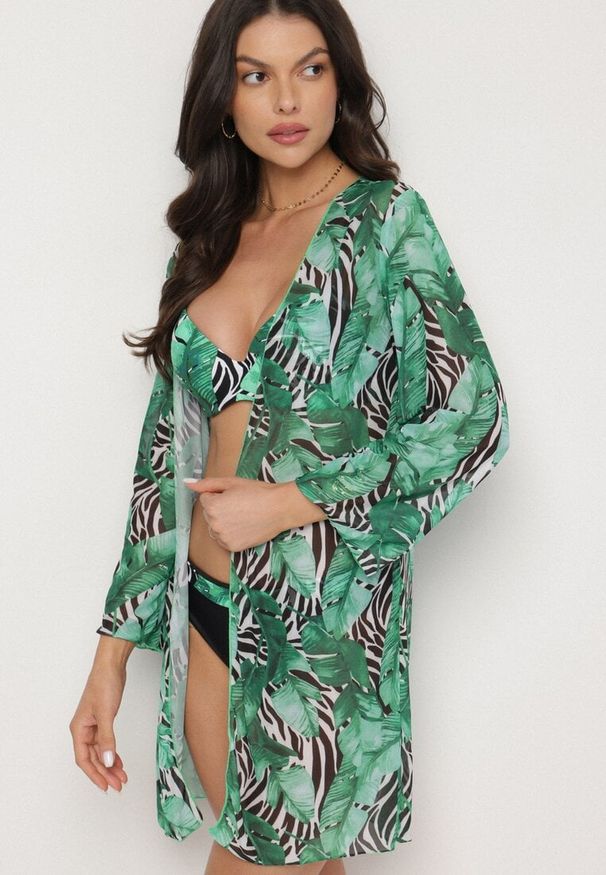 Born2be - Zielone Bikini Biustonosz Majtki Typu Figi i Siateczkowa Narzutka w Liście Folarine. Kolor: zielony