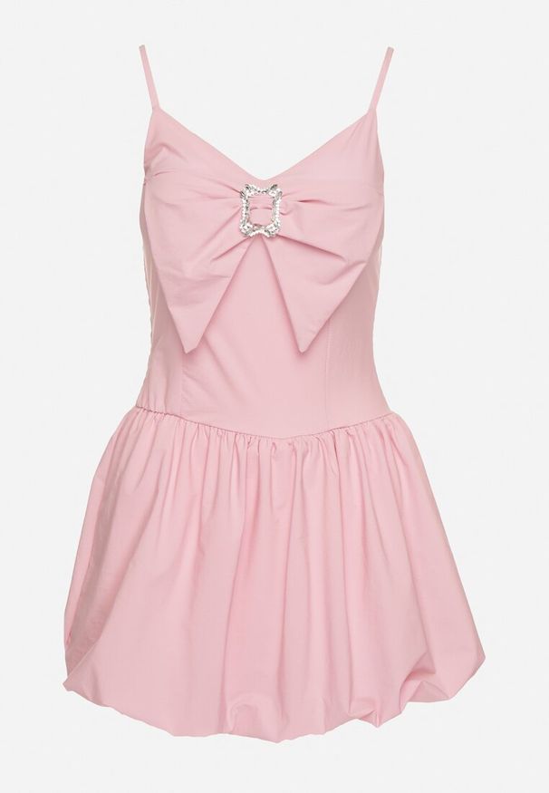 Born2be - Różowa Sukienka Bombka na Cienkich Ramiączkach z Kokardą i Cyrkoniami Paliandria. Okazja: na imprezę. Typ kołnierza: kokarda. Kolor: różowy. Długość rękawa: na ramiączkach. Wzór: aplikacja. Sezon: lato. Typ sukienki: bombki. Styl: elegancki