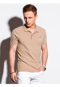 Ombre Clothing - Koszulka męska polo klasyczna bawełniana S1374 - beżowa - L. Typ kołnierza: polo. Kolor: beżowy. Materiał: bawełna. Wzór: haft. Styl: klasyczny #1