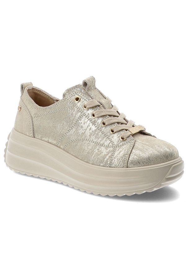 Sneakersy damskie Filippo, cholewka skóra naturalna licowa metaliczna sznurowane niska cholewka masywna podeszwa platforma casua, złote, DP6795/26. Okazja: na co dzień. Wysokość cholewki: przed kostkę. Zapięcie: sznurówki. Kolor: złoty. Materiał: skóra. Szerokość cholewki: normalna. Obcas: na platformie