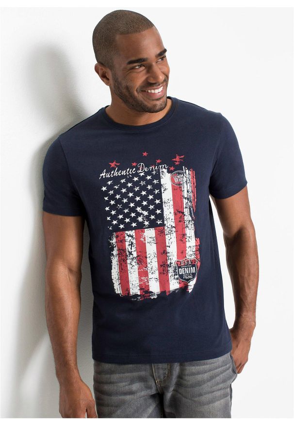 bonprix - T-shirt z czystej bawełny. Kolor: niebieski. Materiał: bawełna. Wzór: nadruk