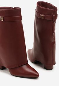 Born2be - Bordowe Botki na Słupku z Cholewką Imitującą Nogawkę i Aplikacją Tulmarea. Okazja: na co dzień. Kolor: czerwony. Materiał: jeans. Szerokość cholewki: normalna. Wzór: aplikacja. Obcas: na słupku. Styl: klasyczny, casual, elegancki #5