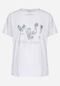 Born2be - Jasnoszary T-shirt z Bawełny Ozdobiony Cekinami i Cyrkoniami Camiren. Okazja: na co dzień. Kolor: szary. Materiał: bawełna. Wzór: aplikacja. Styl: casual, elegancki #4