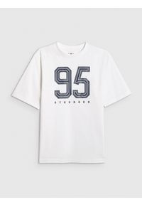 4f - 4F T-shirt loose z nadrukiem chłopięcy - biały 134/140 (8-10 lat). Okazja: na co dzień. Kolor: biały. Materiał: dzianina, skóra, bawełna. Wzór: nadruk. Sezon: lato. Styl: casual #1