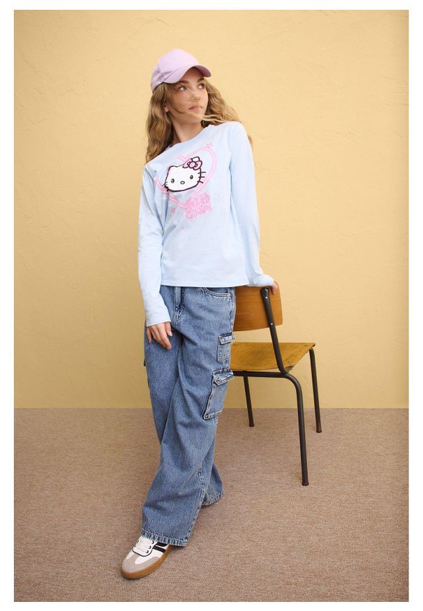 bonprix - Koszulka z długim rękawem z motywem Hello Kitty, z czystej bawełny. Kolor: niebieski. Materiał: bawełna. Długość rękawa: długi rękaw. Długość: długie. Wzór: motyw z bajki