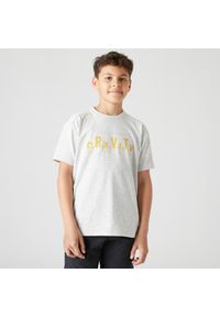 DOMYOS - Koszulka z krótkim rękawem dziecięca Domyos 500. Kolor: szary, wielokolorowy, żółty. Materiał: poliester, materiał, elastan, bawełna. Długość rękawa: krótki rękaw. Długość: krótkie #1