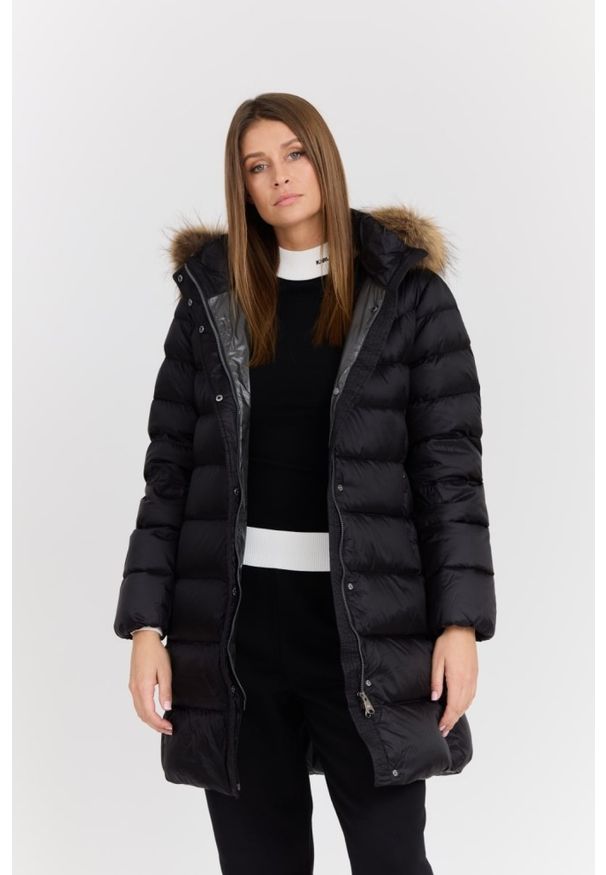 Hetrego - HETREGO Czarna damska kurtka puchowa Leonie Quilted Woman Jacket With Detached Hood, Rozmiar 44 EU - 48 IT. Okazja: na co dzień. Kolor: czarny. Materiał: puch. Długość rękawa: długi rękaw. Długość: długie. Styl: casual