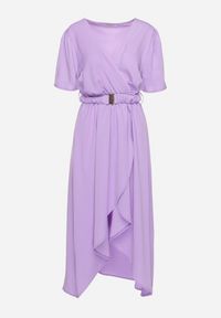 Born2be - Fioletowa Rozkloszowana Sukienka Kopertowa z Gumką w Talii i Ozdobnym Paskiem Vasena. Kolor: fioletowy. Typ sukienki: kopertowe. Styl: elegancki #3