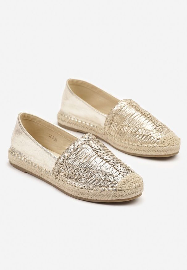 Renee - Złote Espadryle z Ozdobną Plecionką na Cholewce w Stylu Boho Adisella. Okazja: na co dzień. Kolor: złoty. Materiał: jeans. Szerokość cholewki: normalna. Styl: boho