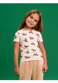 Sinsay - Koszulka - kremowy. Typ kołnierza: kokarda. Kolor: kremowy. Materiał: materiał, prążkowany. Długość rękawa: krótki rękaw. Długość: krótkie #1