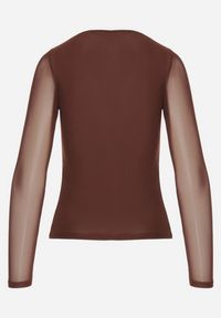 Born2be - Brązowa Bluzka Siateczkowa z Wiskozą z Długim Rękawem i Dekoltem w Serce Elanne. Okazja: na co dzień. Kolor: brązowy. Materiał: wiskoza. Długość rękawa: długi rękaw. Długość: długie. Styl: klasyczny, casual, elegancki #7