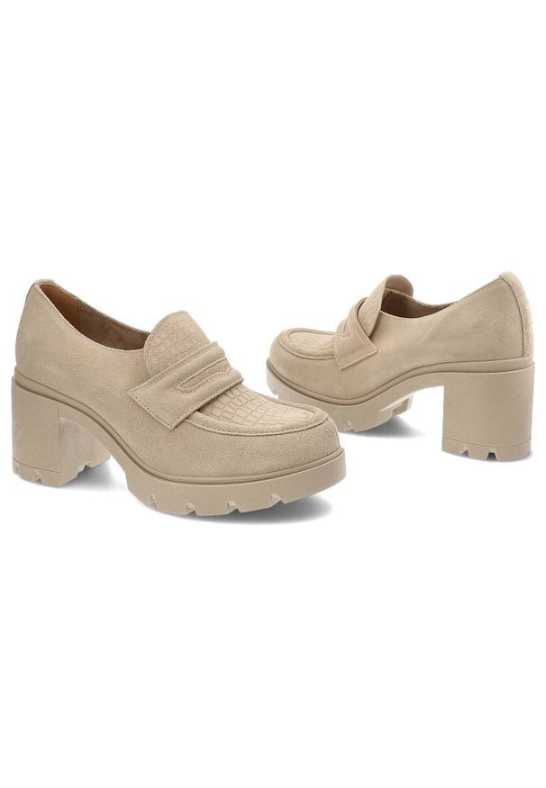 Beżowe Półbuty Lemar Wygodne Skórzane Buty. Okazja: na co dzień. Zapięcie: bez zapięcia. Kolor: beżowy. Materiał: skóra. Szerokość cholewki: normalna. Obcas: na słupku. Styl: casual