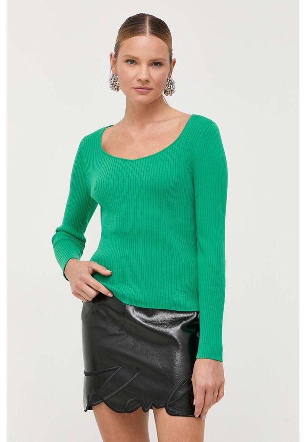 Karl Lagerfeld sweter damski kolor zielony lekki. Kolor: zielony. Materiał: dzianina, prążkowany. Długość rękawa: długi rękaw. Długość: długie