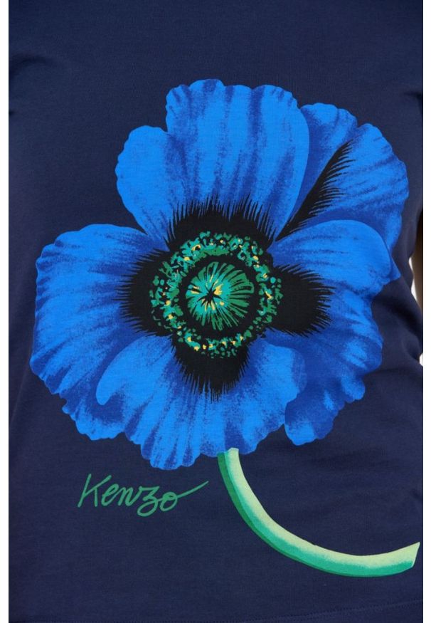 Kenzo - KENZO Granatowy t-shirt damski z niebieskim makiem, Rozmiar S. Kolor: niebieski