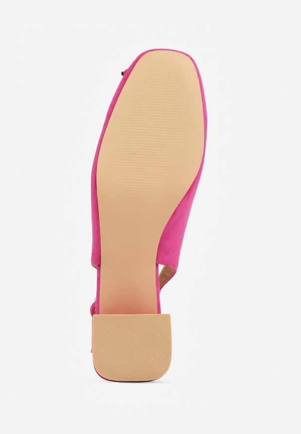 Renee - Fuksjowe Sandały Vices na Słupku Slingback ze Skórzaną Wkładką i Cyrkoniami Nimirune. Okazja: na co dzień. Zapięcie: sprzączka. Kolor: różowy. Materiał: skóra. Wzór: aplikacja. Obcas: na słupku. Styl: casual. Wysokość obcasa: średni