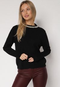 Born2be - Czarny Sweter z Dodatkiem Kaszmiru Ozdobiony Cekinami i Cyrkoniami Vetimona. Okazja: na co dzień. Kolor: czarny. Materiał: kaszmir. Wzór: aplikacja. Styl: klasyczny, casual, elegancki #4