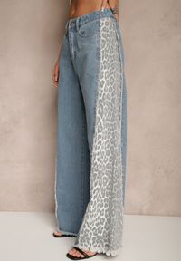 Renee - Niebieskie Jeansy z Bawełny High Waist ze Wzorem Panterki Velliane. Okazja: na co dzień. Stan: podwyższony. Kolor: niebieski. Wzór: motyw zwierzęcy. Styl: casual