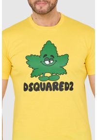 DSQUARED2 Żółty męski t-shirt z logo i zielonym liściem, Rozmiar XXL. Kolor: żółty