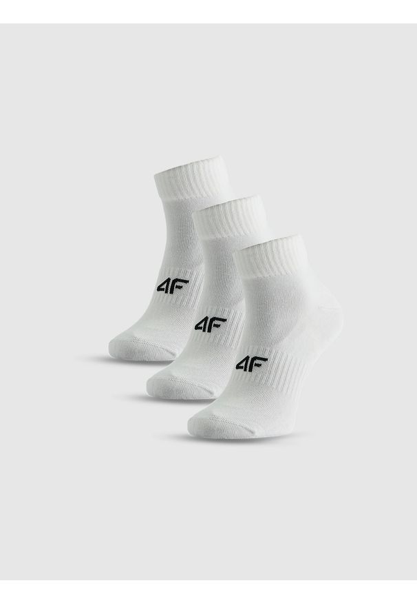 4f - 4F Skarpetki długie (3-pack) męskie - białe 39-42. Kolor: biały. Materiał: materiał, bawełna, skóra, dzianina. Wzór: prążki. Sport: turystyka piesza, fitness