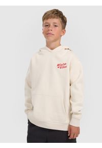 4f - 4F Bluza dresowa nierozpinana z kapturem chłopięca - biała 134/140 (8-10 lat). Okazja: na co dzień. Typ kołnierza: kaptur. Kolor: biały. Materiał: dresówka. Sezon: lato. Styl: casual, klasyczny #1