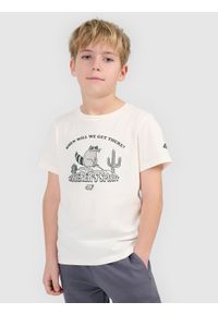 4f - 4F T-shirt regular z nadrukiem chłopięcy - biały 122 (6-7 lat). Okazja: na co dzień, na uczelnię. Kolor: biały. Materiał: skóra, bawełna, materiał. Wzór: nadruk. Sezon: lato. Styl: casual #1