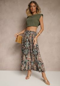 Renee - Beżowo-Czarna Spódnica z Wiskozy Ozdobiona Motywem Paisley Ellivae. Okazja: na co dzień. Kolor: beżowy. Materiał: wiskoza. Wzór: aplikacja, paisley. Styl: casual, elegancki