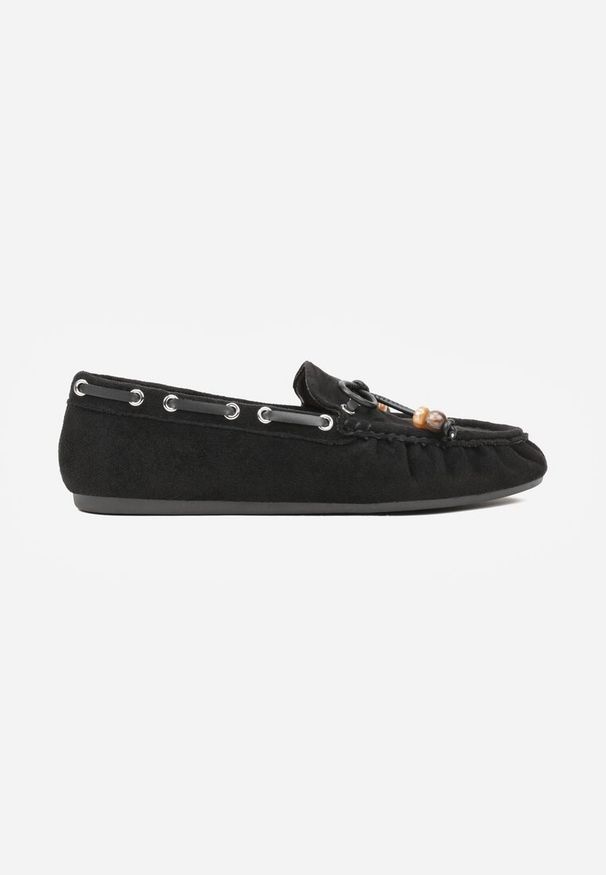 Born2be - Czarne Mokasyny z Ozdobnymi Przeszyciami Koralikami i Kokardą Mountainthorne. Okazja: na co dzień. Kolor: czarny. Materiał: jeans. Styl: elegancki, casual