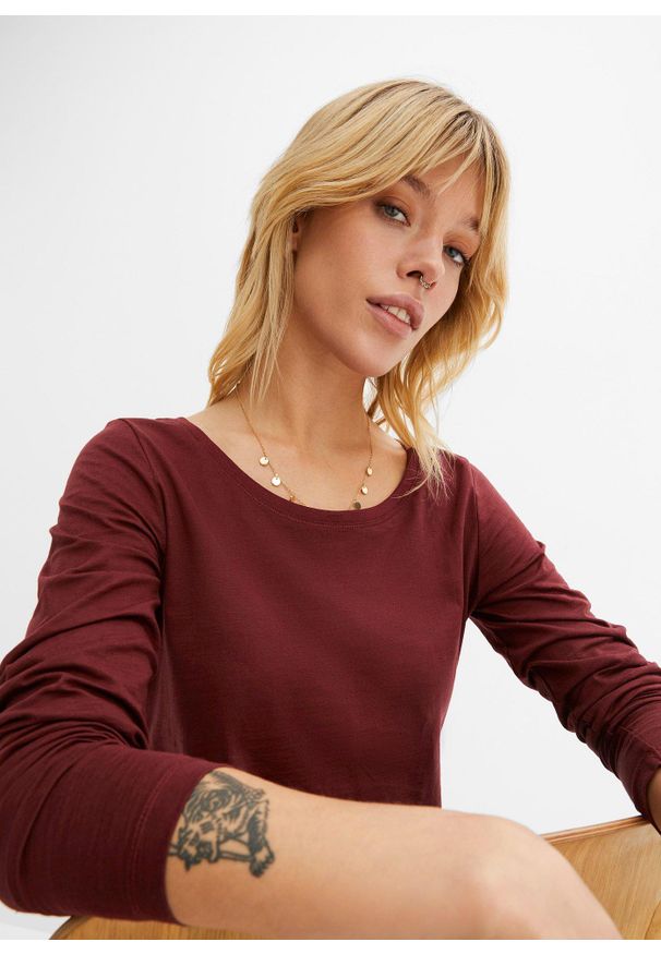 bonprix - Shirt z długim rękawem, z czystej bawełny. Kolor: czerwony. Materiał: bawełna. Długość rękawa: długi rękaw. Długość: długie