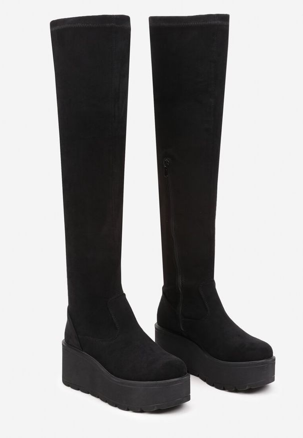 Renee - Czarne Casualowe Kozaki na Platformie i Koturnie z Dopasowaną Cholewką Erissia. Okazja: na co dzień. Kolor: czarny. Materiał: dzianina, jeans, skóra. Szerokość cholewki: normalna. Obcas: na koturnie. Styl: casual